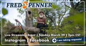 A promotional image of singer Fred Penner, sitting in a forest, with the words "Fred Penner, Live Streaming Event, Sunday March 29 2pm CST Instagram Facebook"