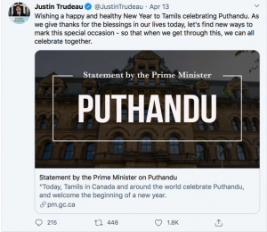 Trudeau tweet r: Puthandu