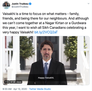 Trudeau tweet for Vaisakhi