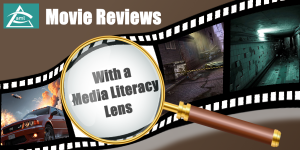 A visual of a film strip with different scenes. A title above the strip reads "AML Movie Reviews". Inside one of the cells of the film strip, a magnifying class enlarges the words "With a Media Literacy Lens"